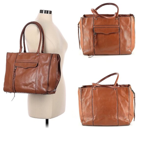 Rebecca Minkoff Mab Medium Side Zip Leather Tote Bag Double Handles Brown - Picture 2 of 9